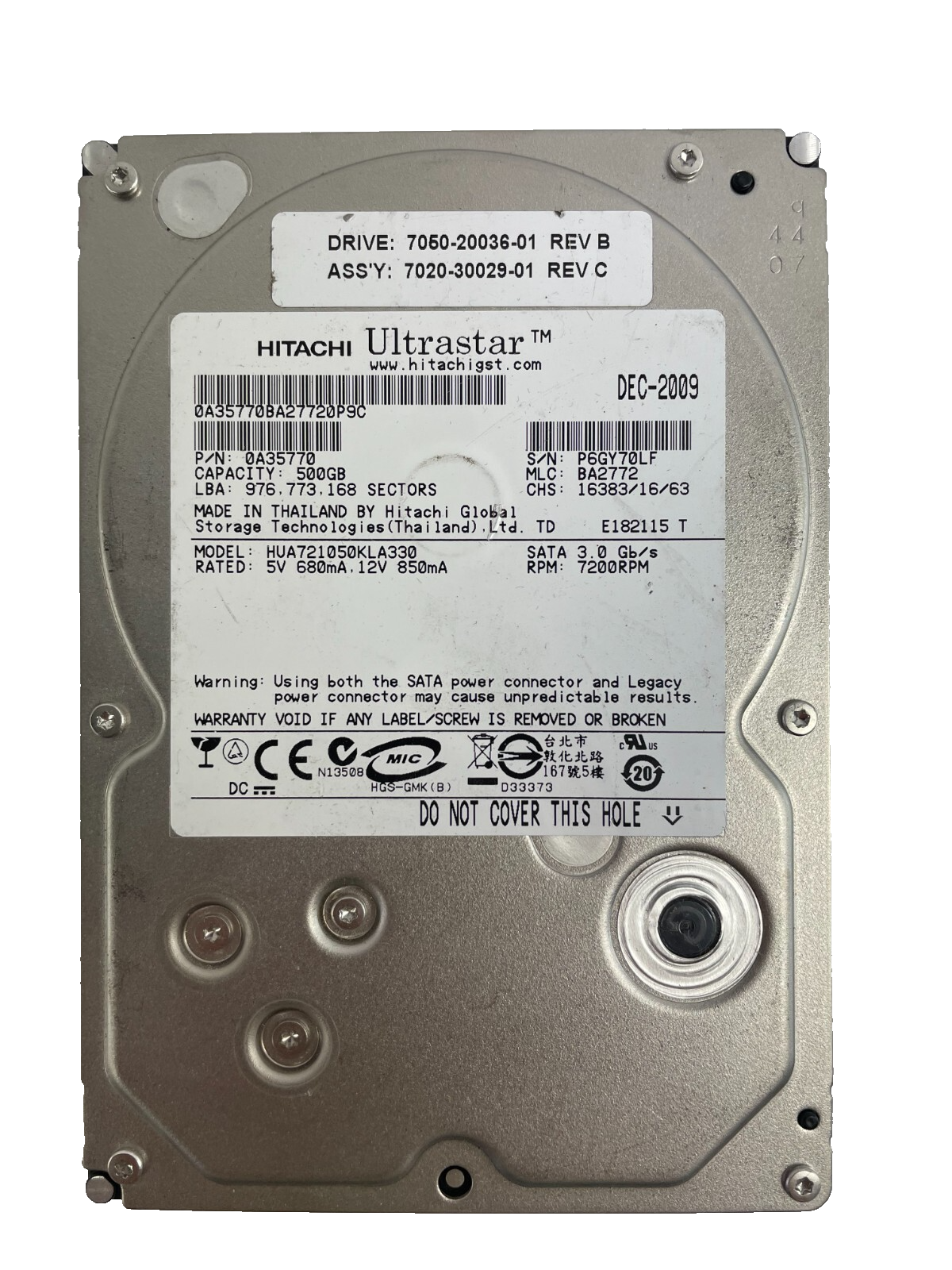 Hitachi Ultrastar Model HUA721050KLA330 7200RPM Internal Drive 500GB Cache 32MB