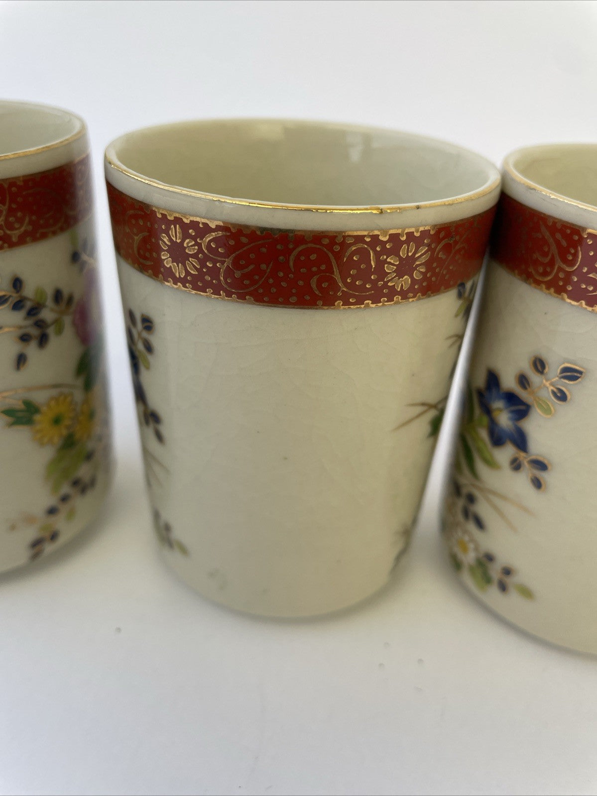 4 x Satsuma Japan Saki Crackled Teacup Hand Painted Floral Design 3.25" x 2.5"