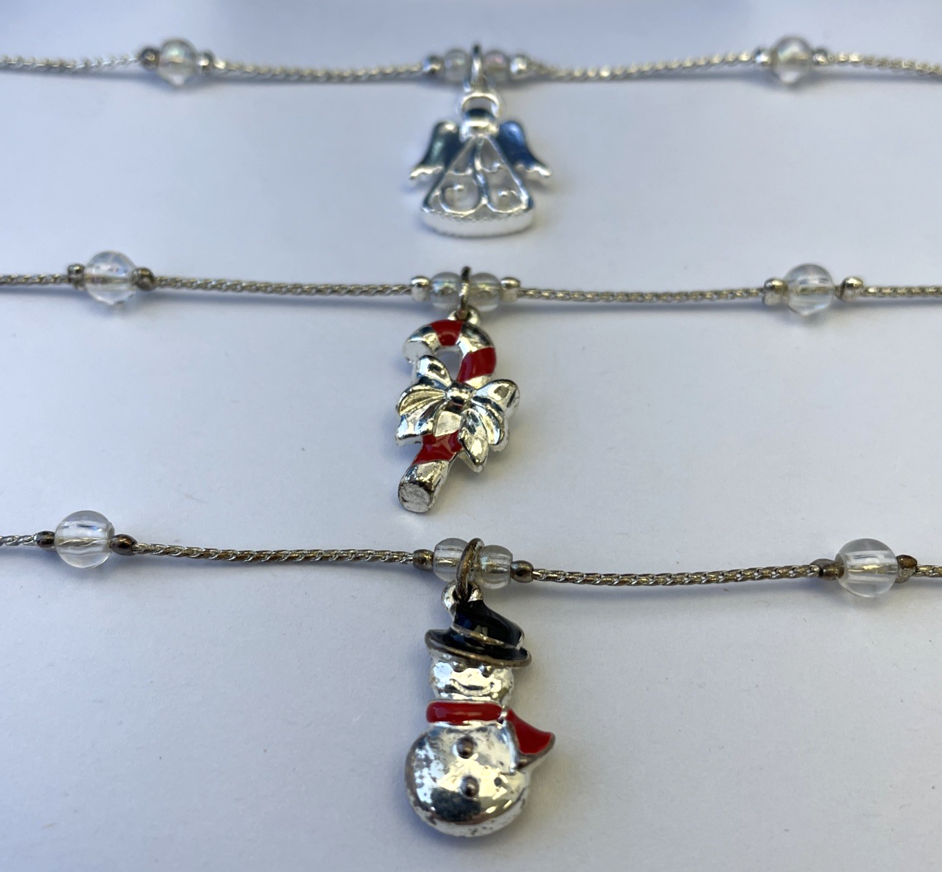 Lot of 3 x Vintage Avon Holiday Charm Anklet 9.5" Snowman / Angel / Candy Cane