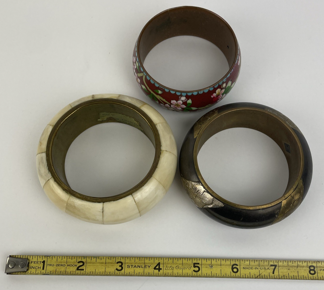 Lot of 3 Bracelet s Vintage Indian bone + Inlay Bangle Brass Floral Bird 8.5