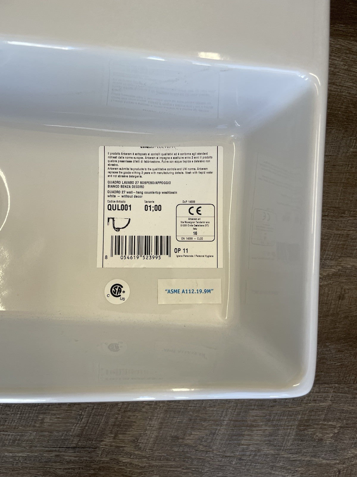Artceram Quadro 27 wall or countertop sink QUL001 Glossy Bathroom Water Basin