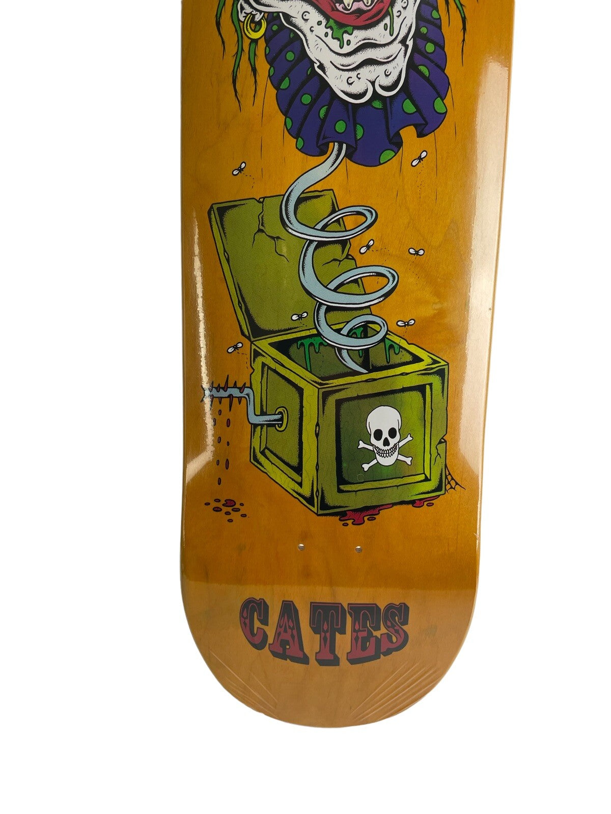 Death Skateboards Dan Cates Jack in the Box Clown Pro orange 8.75-inch skateboard deck with grip tape.