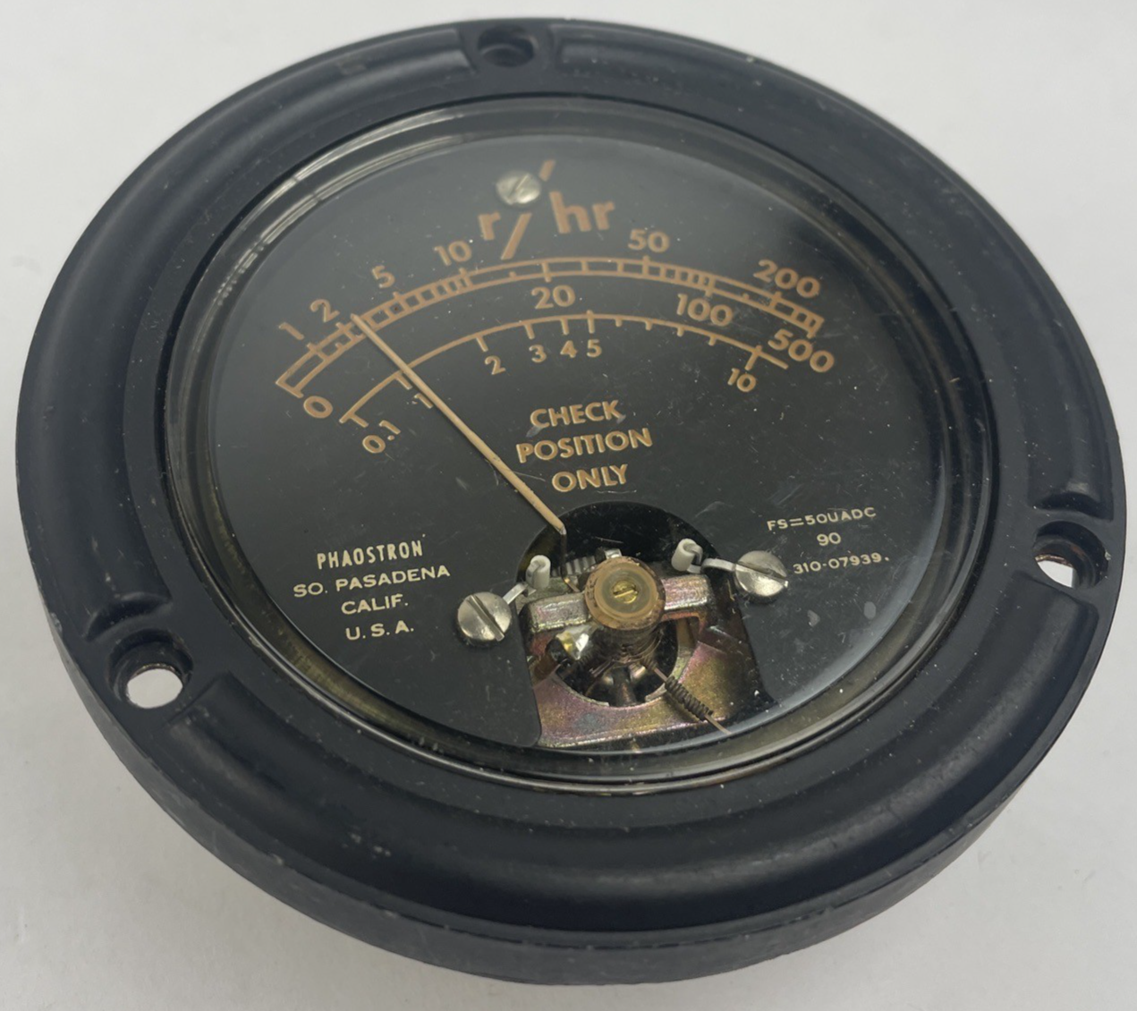 VINTAGE PHAOSTRON Pasadena Ca. USA  FS=50 UADC r/hr Sealed Position Meter