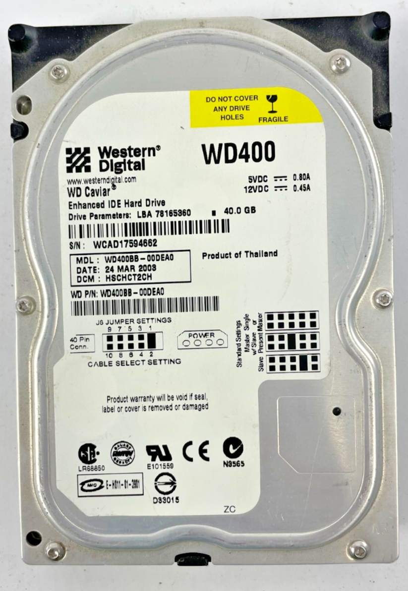 Western Digital WD400 7200RPM SATA 40GB Internal Hard Drive Cache 2 MB