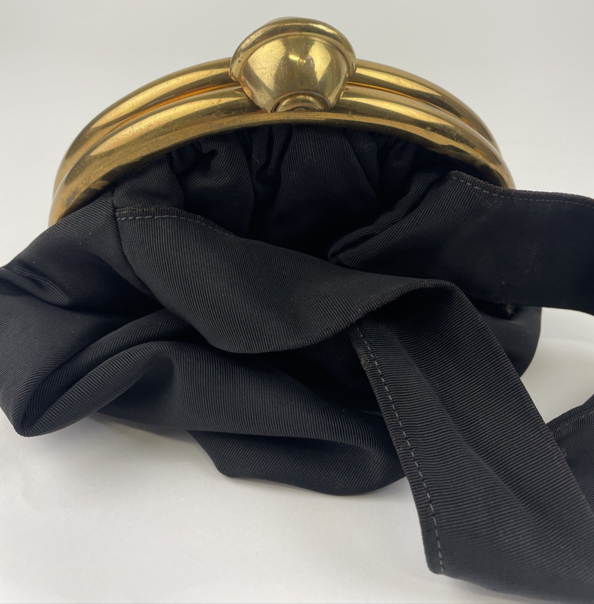 Ingber Evening Black Crepe Handbag Clutch Clamshell Gold RS Clasp USA VINTAGE