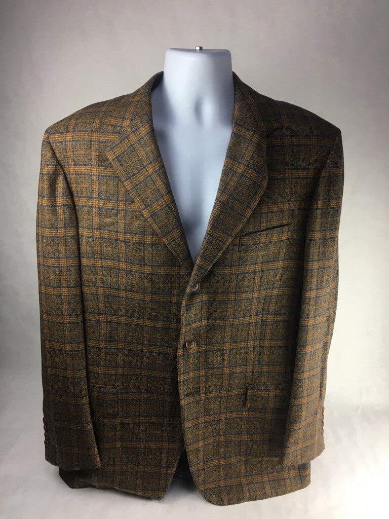 Faconnable Mens Suit Jacket Brown Plaid Lined Notch Lapel Pockets Virgin Wool 54