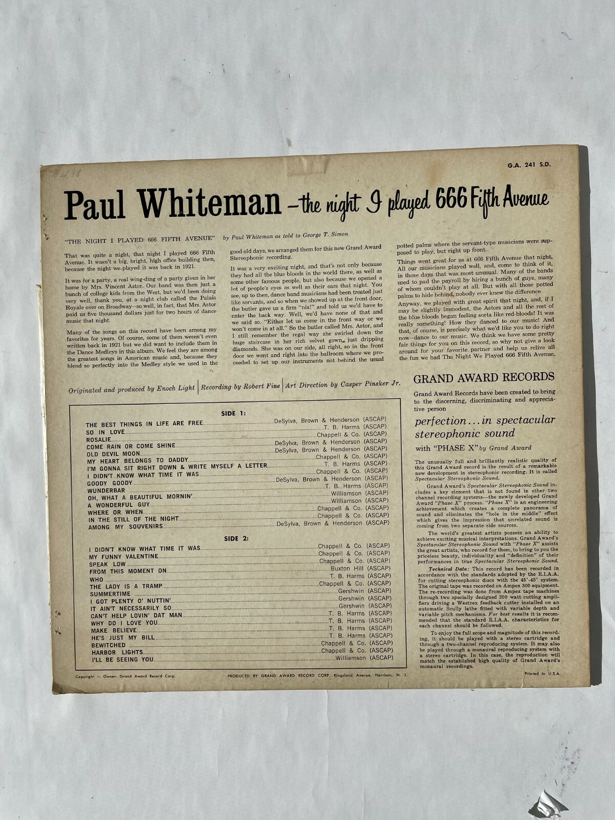 Paul Whiteman The Night I Played 66 Fifth Avenue Grand Award Vinyl Record Q10