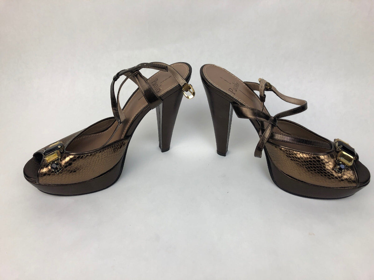 Rare LINEA PAOLO Open Toe Faux Snakeskin Patent High Heel Pumps Women's 10m