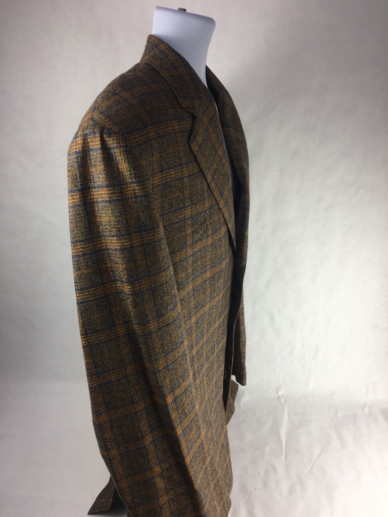 Faconnable Mens Suit Jacket Brown Plaid Lined Notch Lapel Pockets Virgin Wool 54