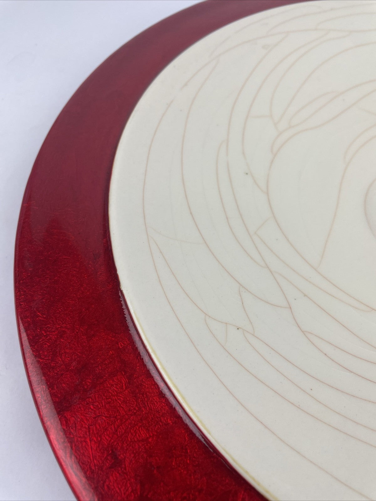 Round Designer Glass Vessel Sink Creme w Metal Red Modern Decor Design OD 15.25"