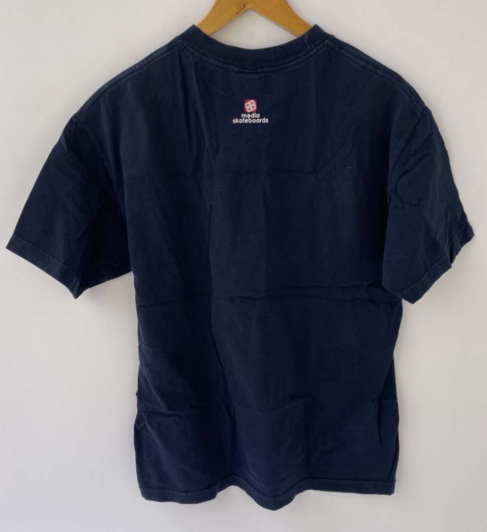 2 x VTG 00s Media Skateboards Logo Y2K Skater Sk8 Blue T Shirt Size Large  RARE