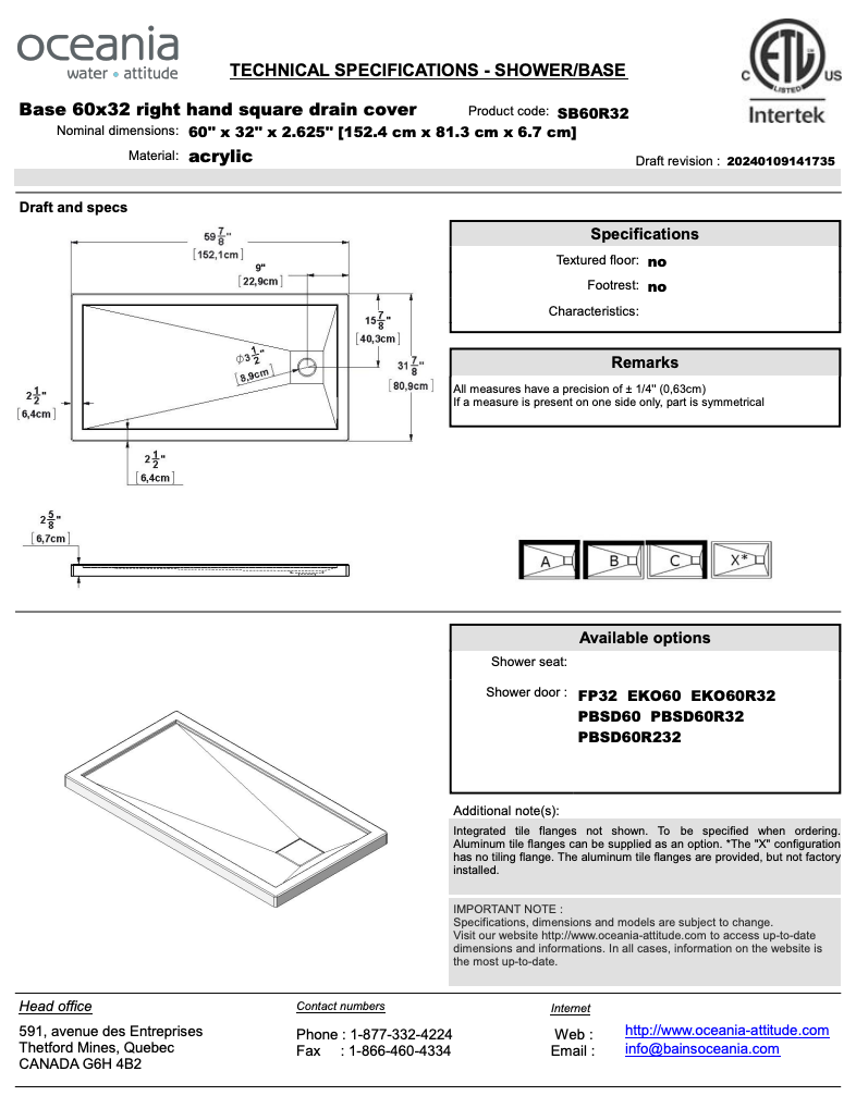 Oceania Attitude SB60R32A01 60x32 acrylic shower pan base white