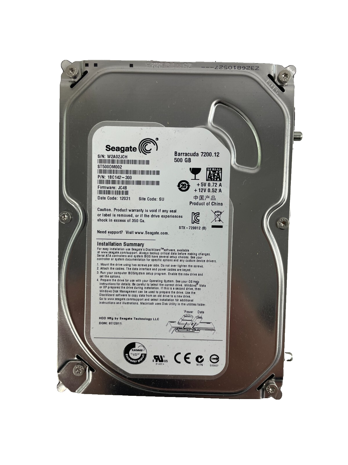 Seagate Model ST500DM002 Barracuda 7200. 12 500GB SATA Hard Drive Cache 16 MB