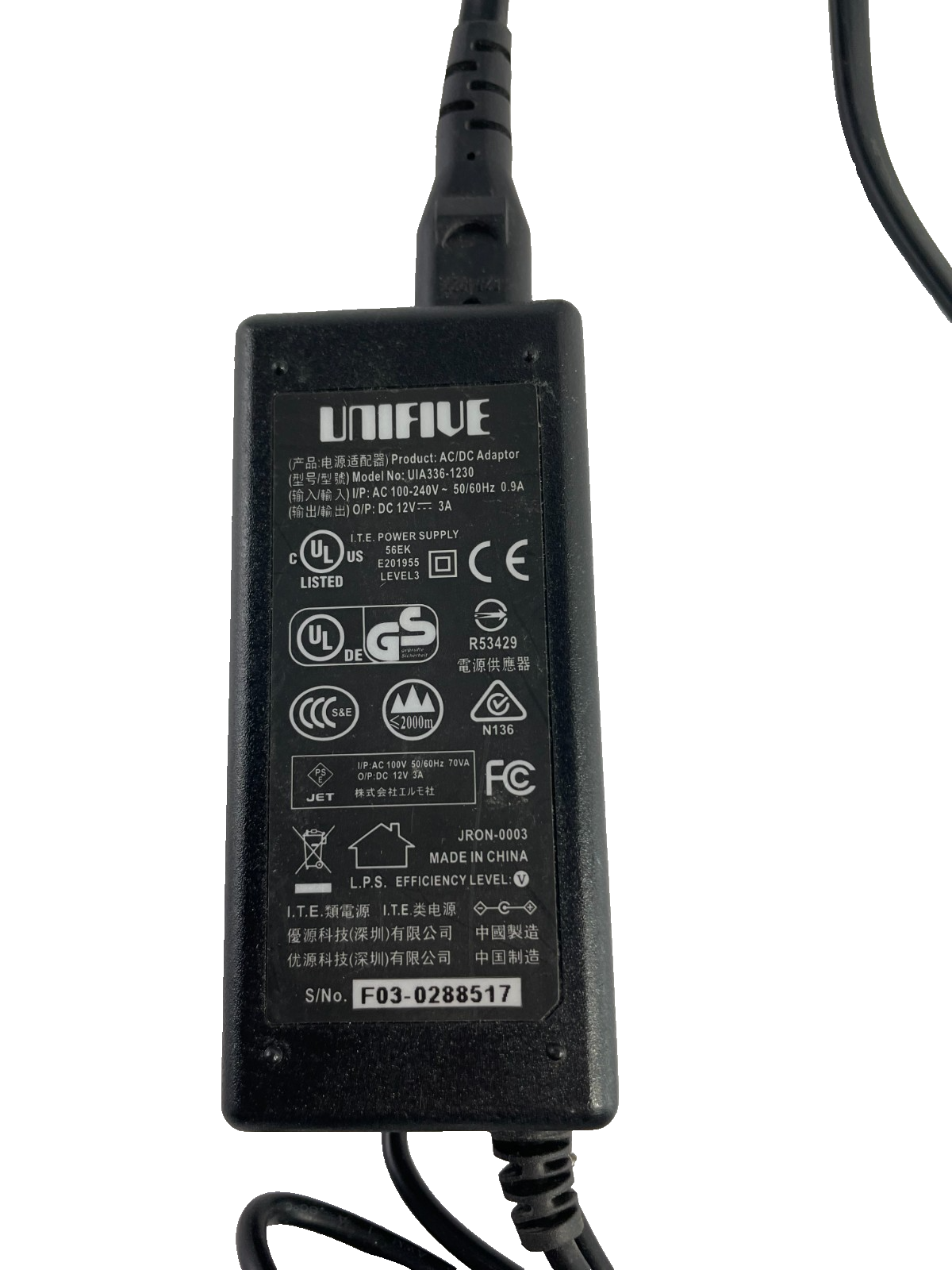 Geniune Unifive Model UIA336-1230 Output 12V 3.0A AC Power Supply Adapter #A85