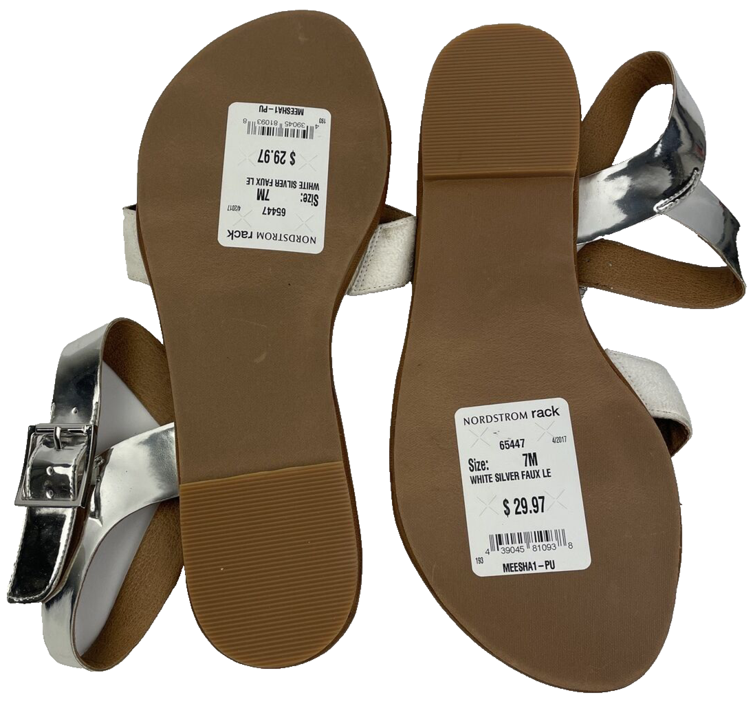 " Abound " White Silver Faux Leather Nordstrom Strappy Flat Sandal Size 7m