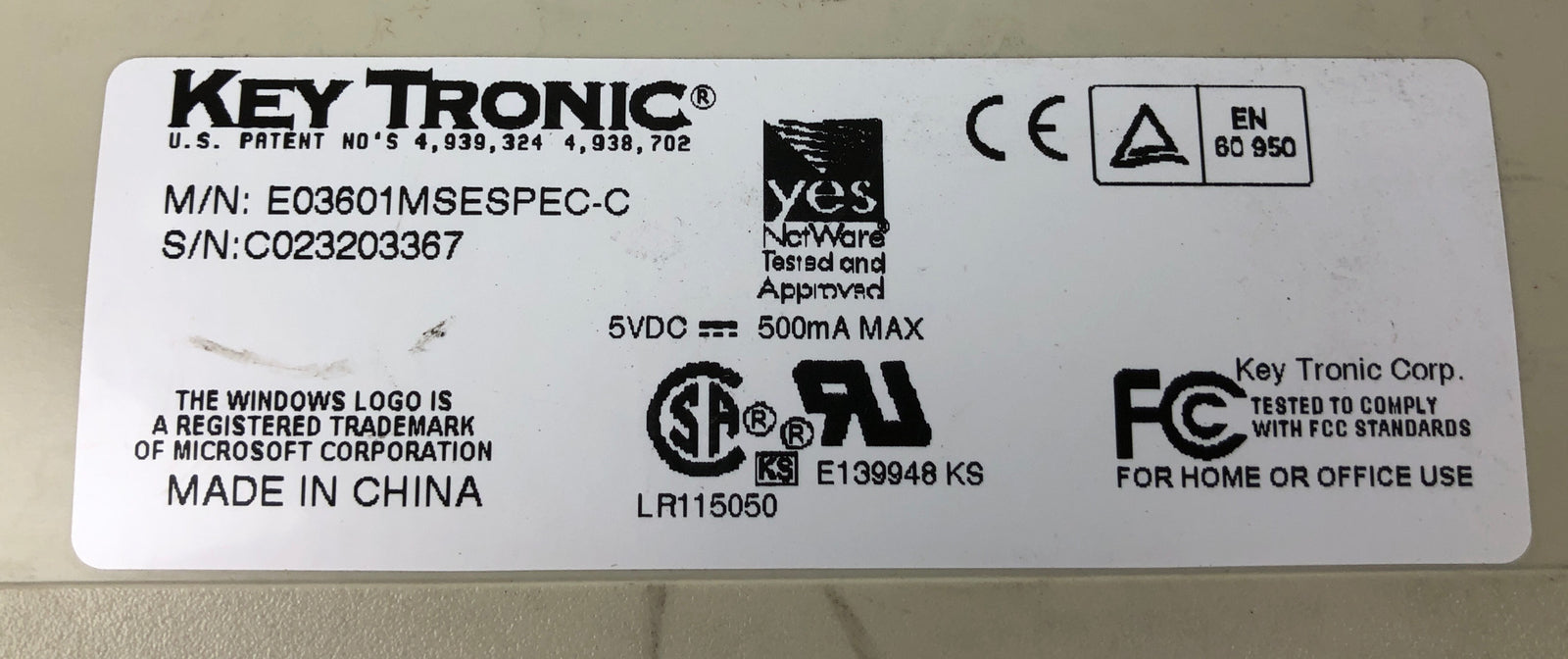Rare Vintage Key Tronic E03601MSESPEC-C Wired 6 Pin Keyboard 