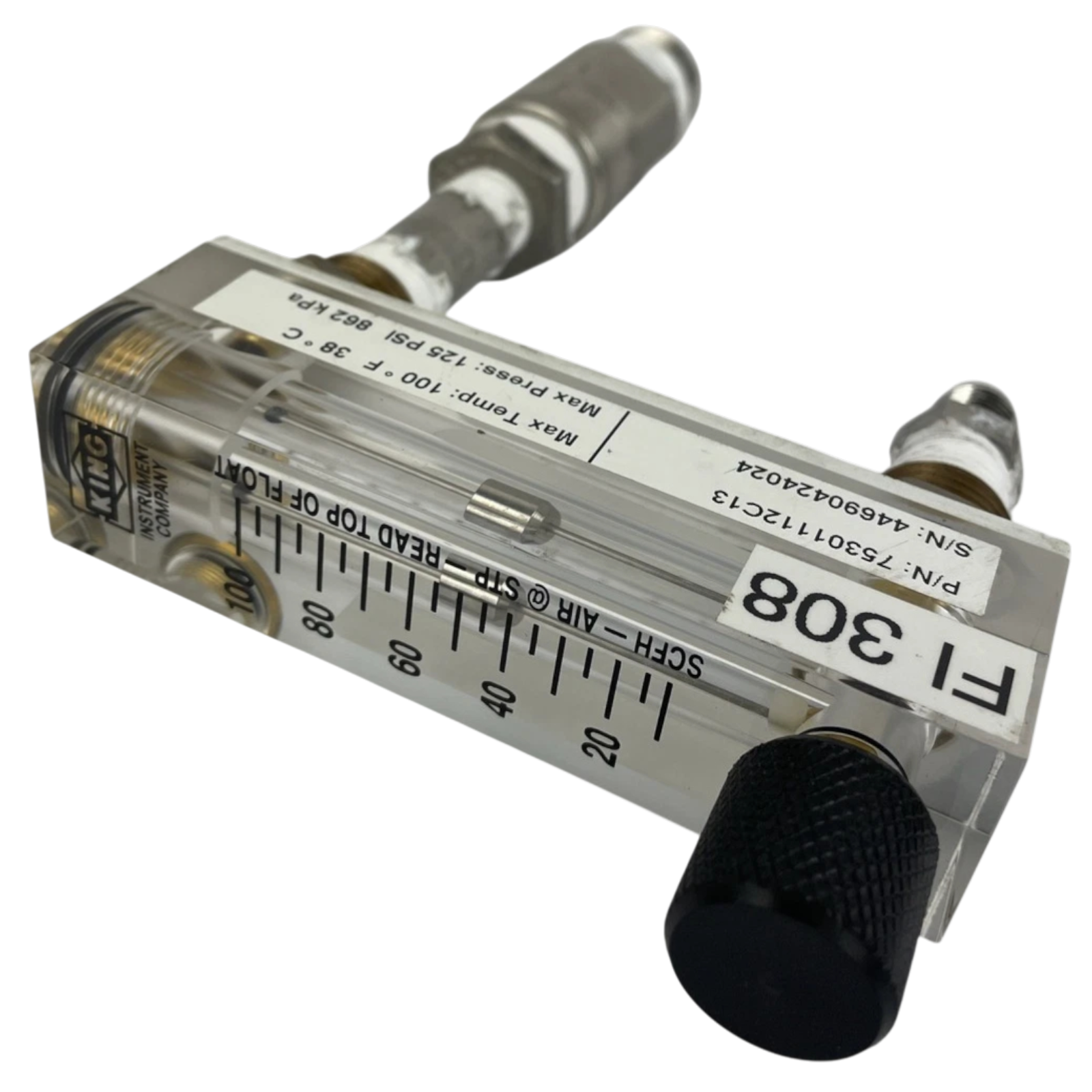 King Instrument 75301112C13 Acrylic Tube Flowmeter w/ Valve 0-100SCFM, 1/4" A1