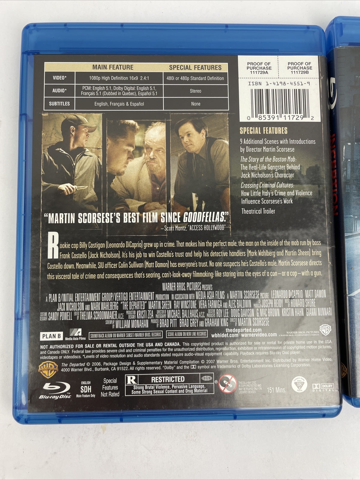 2 x Leonardo Dicaprio Blu-ray Video Lot of 2 - The Departed and Inception - MINT