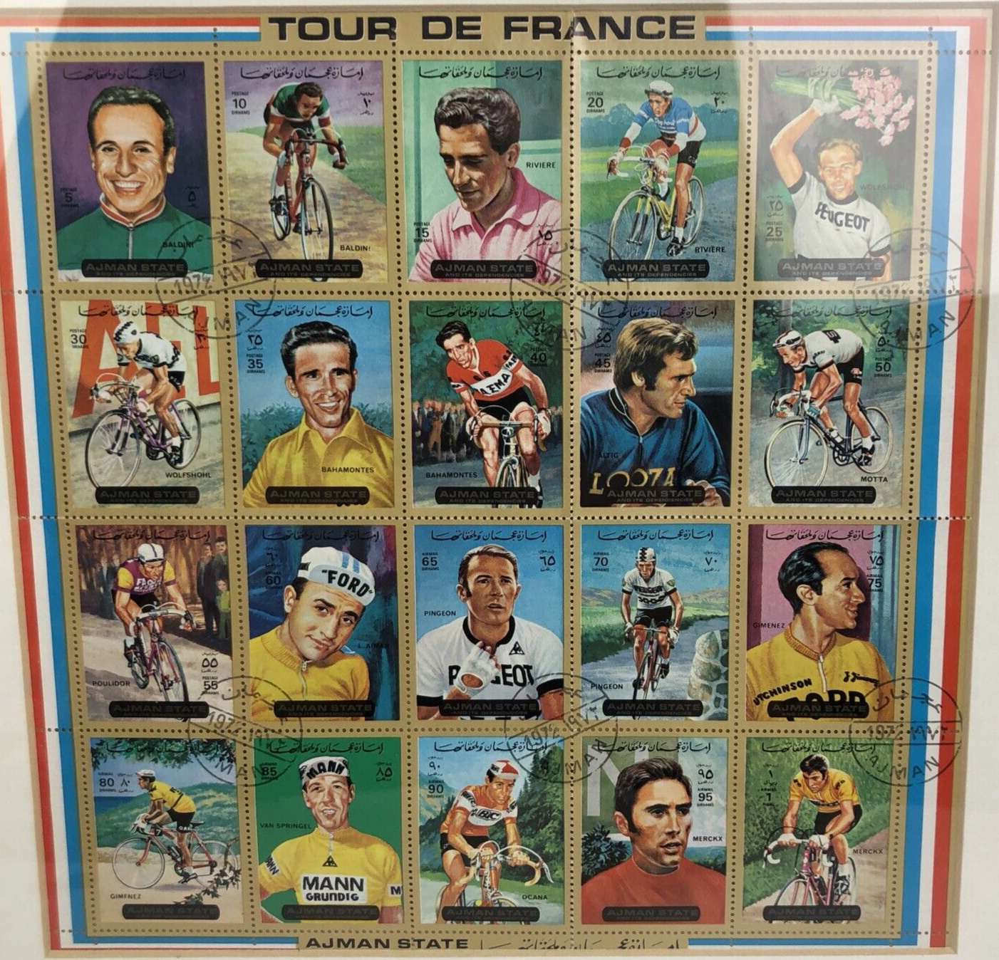 AJMAN STATE 1972 TOUR DE FRANCE CYCEL RACERS COMPLETE SET OF 20 SHEET OF STAMPS
