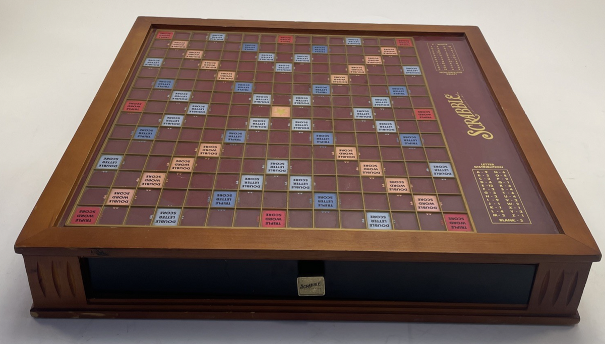 Scrabble Rotating Premier Wood Luxury Edition Crossword Board Game Complete VGC