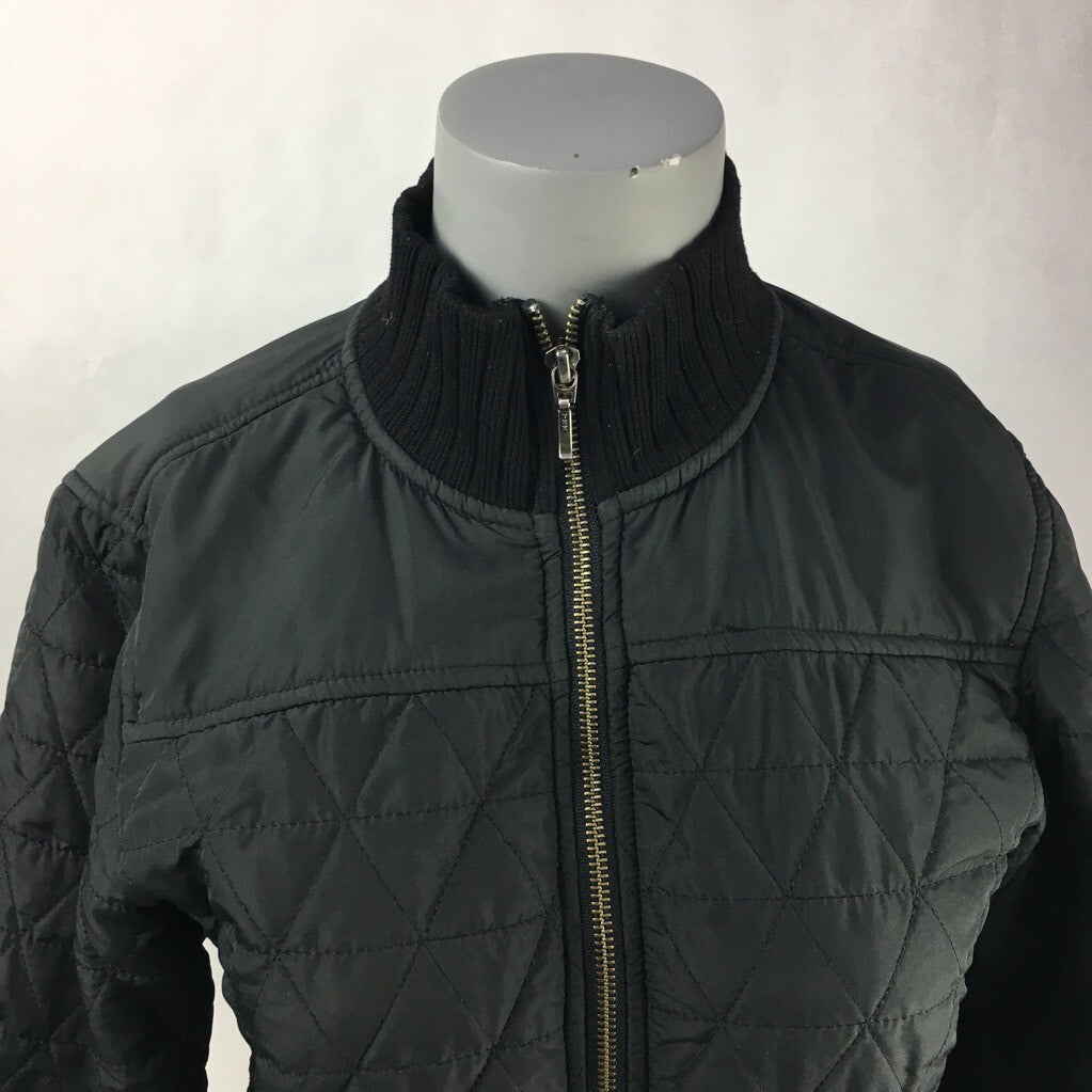 Prana Womens Quilted Jacket Black Zip Up Breathe Ribbed Moc Neck Stretch XS