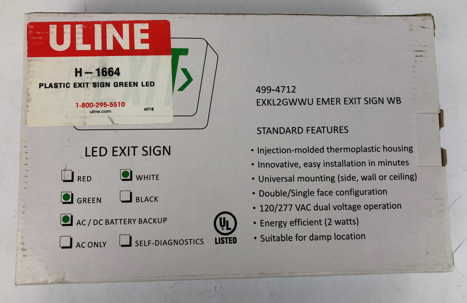 ULINE H-1664 Hard-Wired Exit Sign Injection Molded Thermoplastic * Green Letters