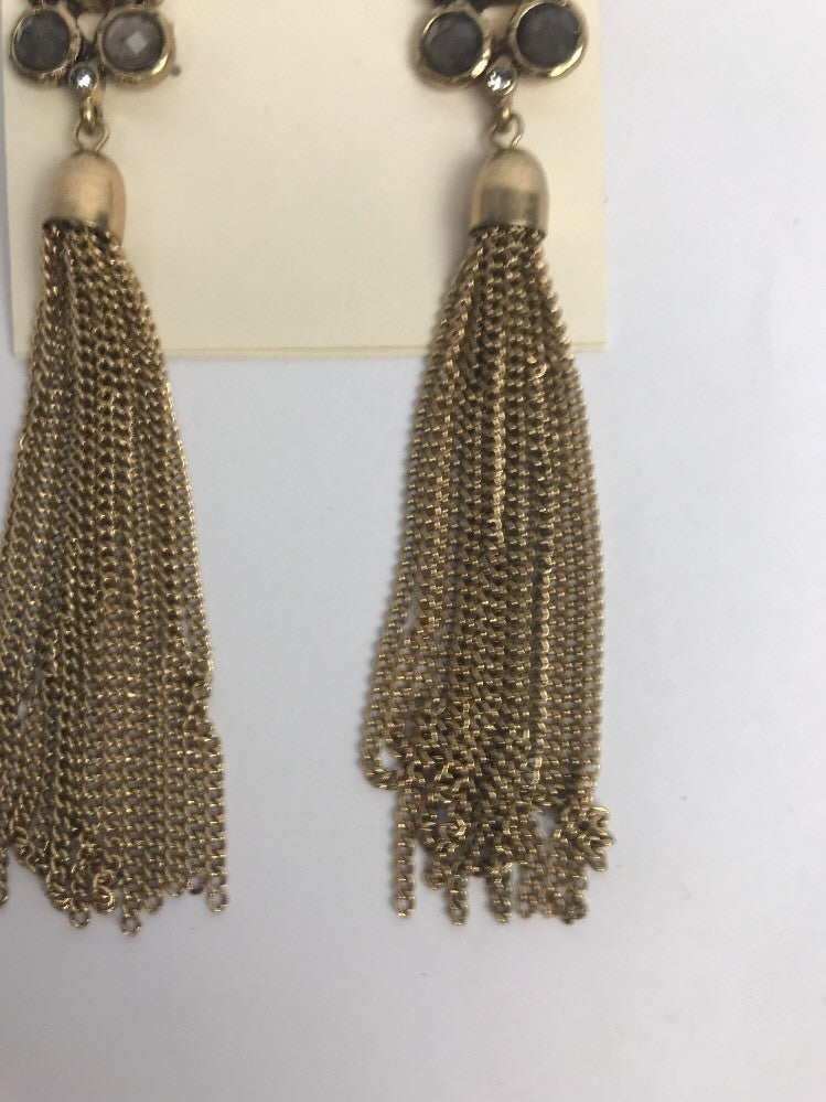 Beaded Round Stud Olivia Welles  and Tassel 4" Long Drop Earrings GOLD Crystal