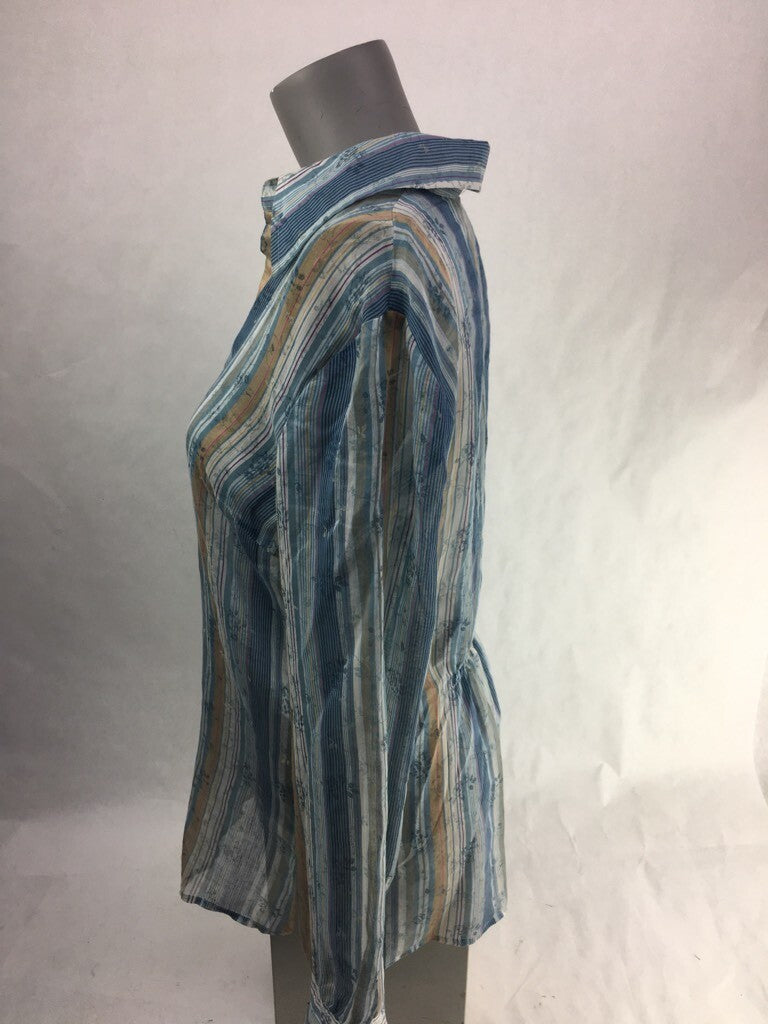 Kenneth Cole Womens Popover Shirt Blue Floral Striped Long Sleeve Smocked Back 4