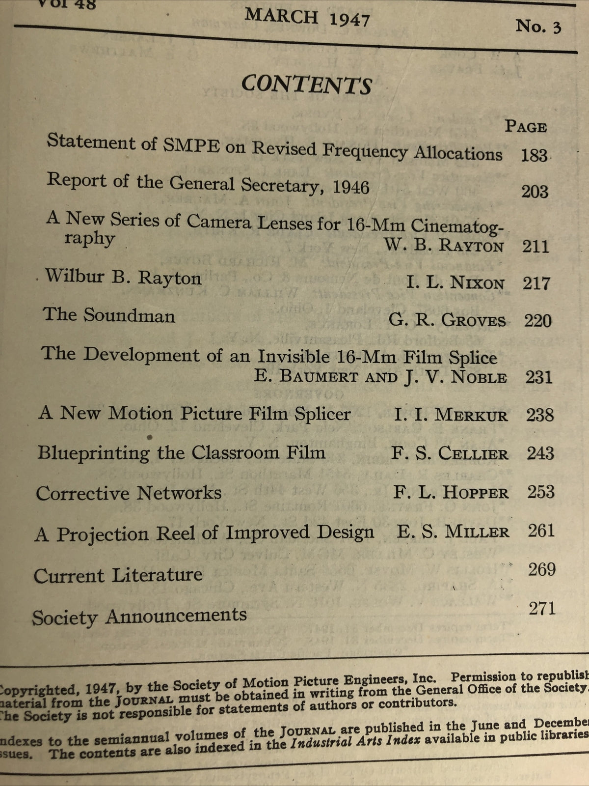 SMPE Journal Of The Society Of Motion Picture Engineers March 1947 VOL 48 No 3