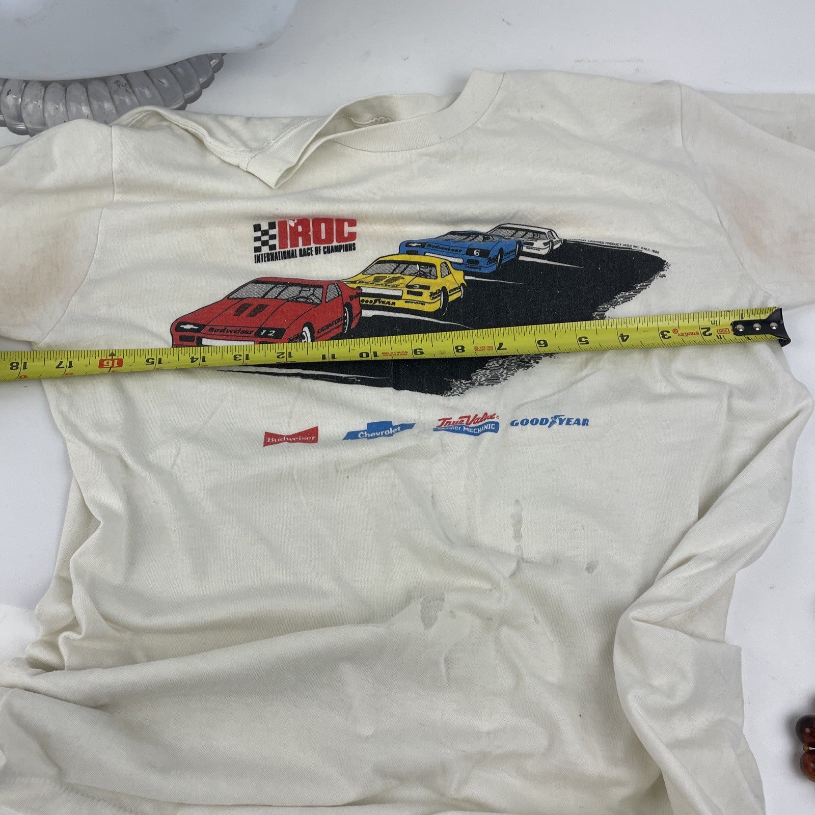 Vintage 1988 IROC N Roll Chevrolet Camaro Racing T-Shirt White Size Small Bud