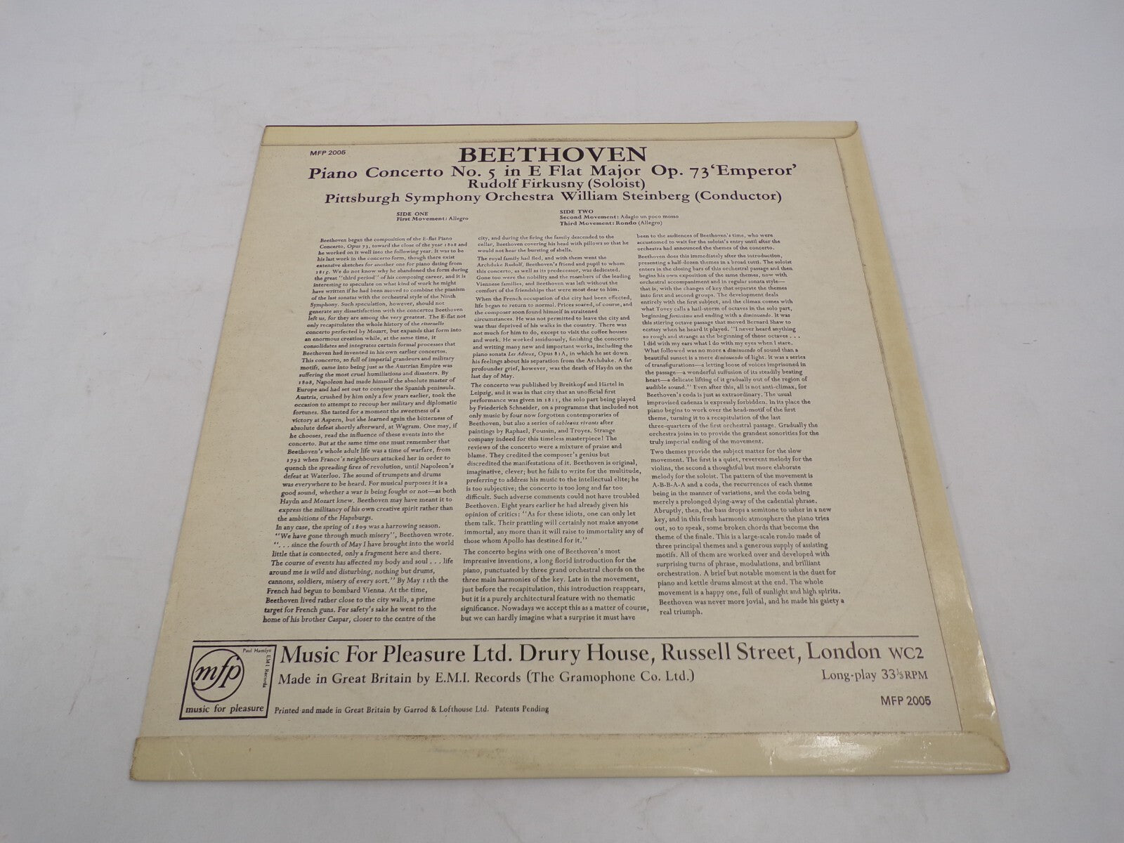 Beethoven Piano Concerto No. 5 in E the Major Emperor Orchestra Vinyl Records