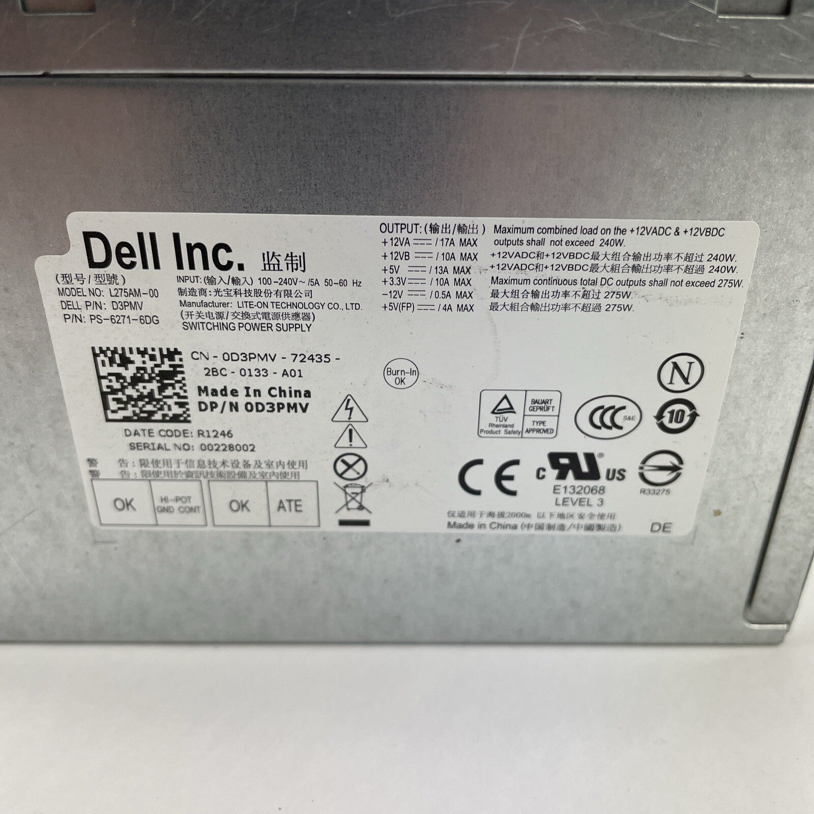OEM Dell CN-0D3PMV72435 H275AM/L275AM-00 275W Power Supply