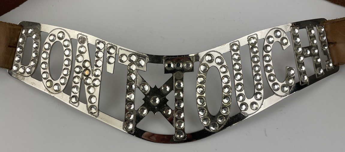 " DON'T TOUCH " Rhinestone Studded Brown Leather Statement Belt Vintage Y2K RARE