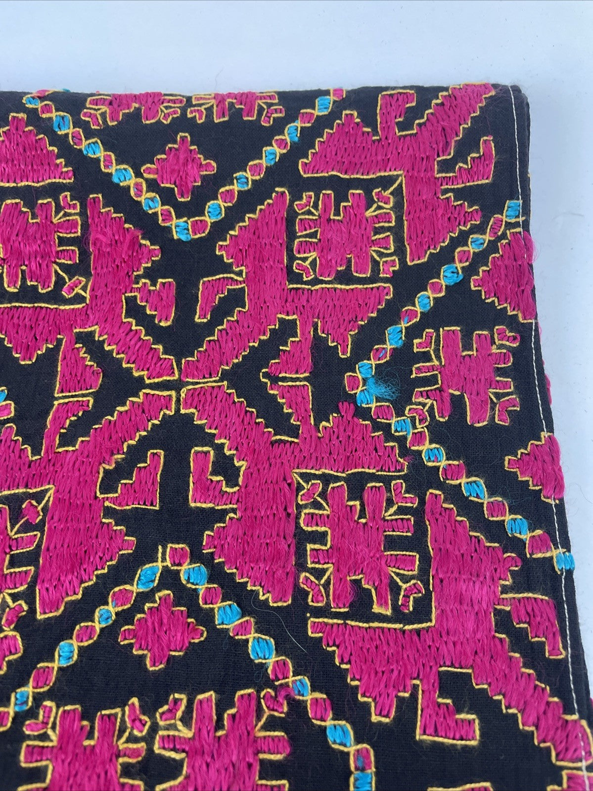 Vintage South Asian Silk Swati Textile Hand Embroidery Magenta Black 76" x 13.5"