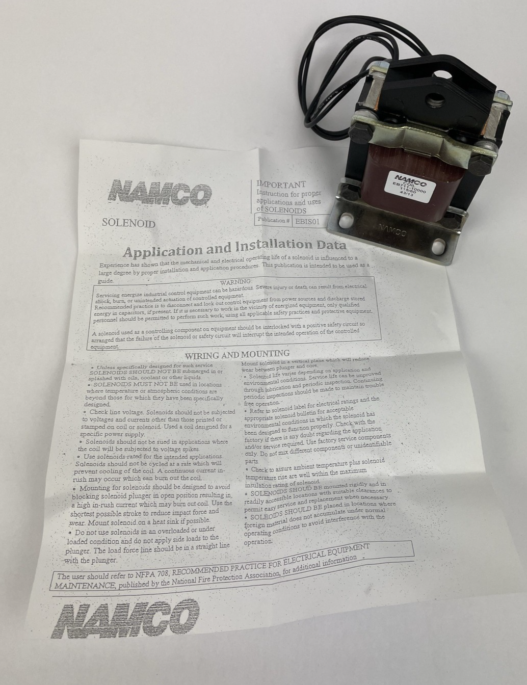 NAMCO Coil Model # EB711-10000 115/60 Solenoid Control EB710-10100 w Base Mount