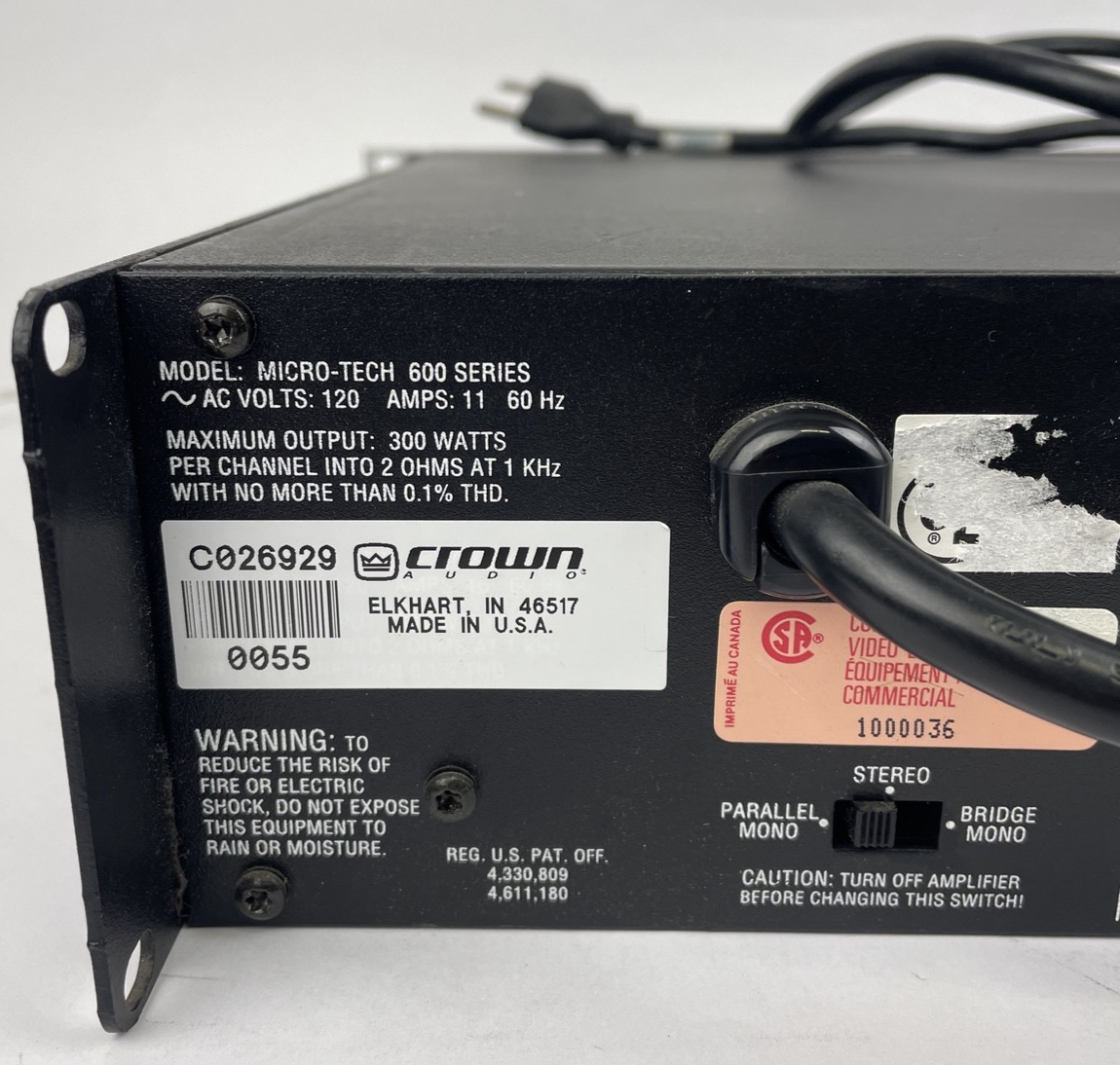 OEM Crown Micro Tech MICRO-TECH 600 2 Channel Power Amplifier w Rack-mount USA
