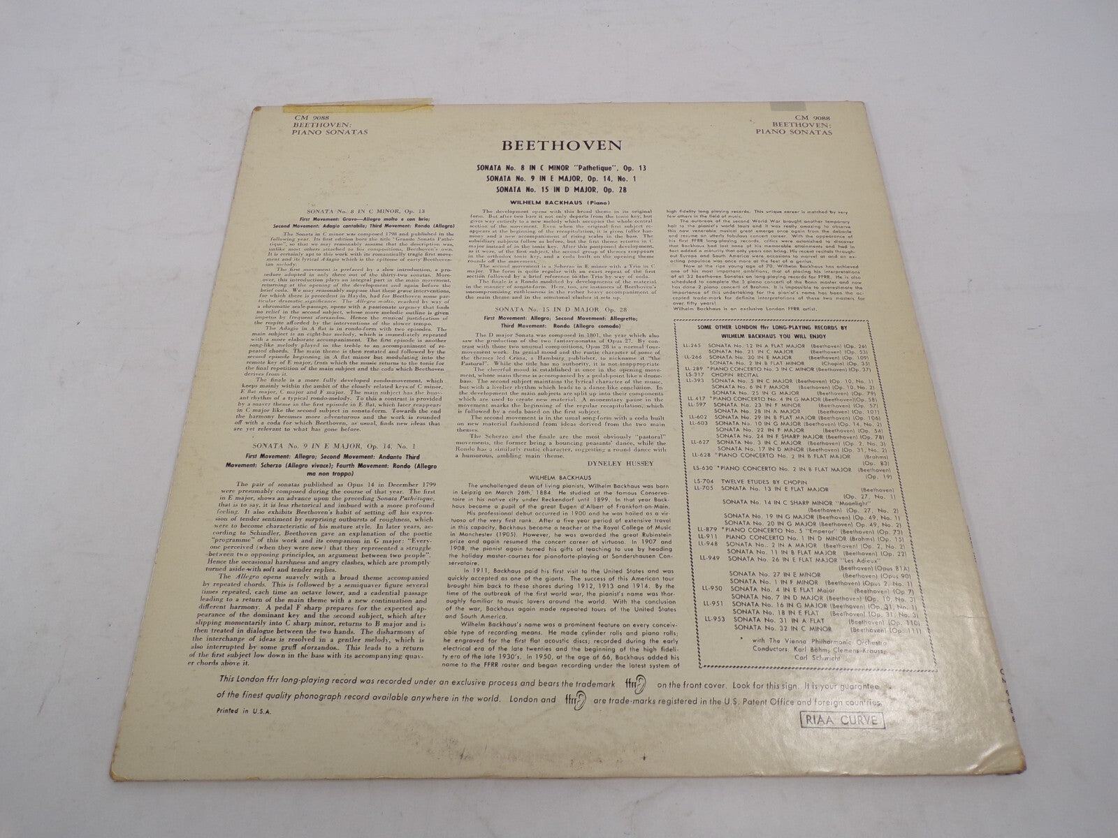 Wilhelm Backhaus Piano Forte Beethoven Sonata No. 15  D Major Vinyl Records