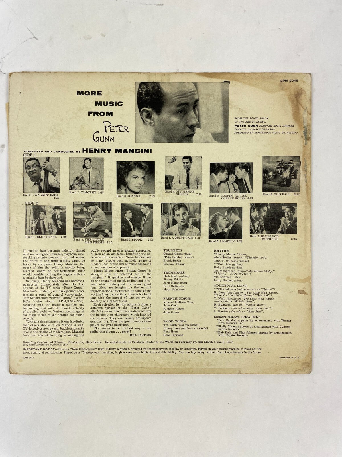 Peter Gunn Henry Mancini Shelly Manne Alvin Stoller Bob Bian Rolly Vinyl Record