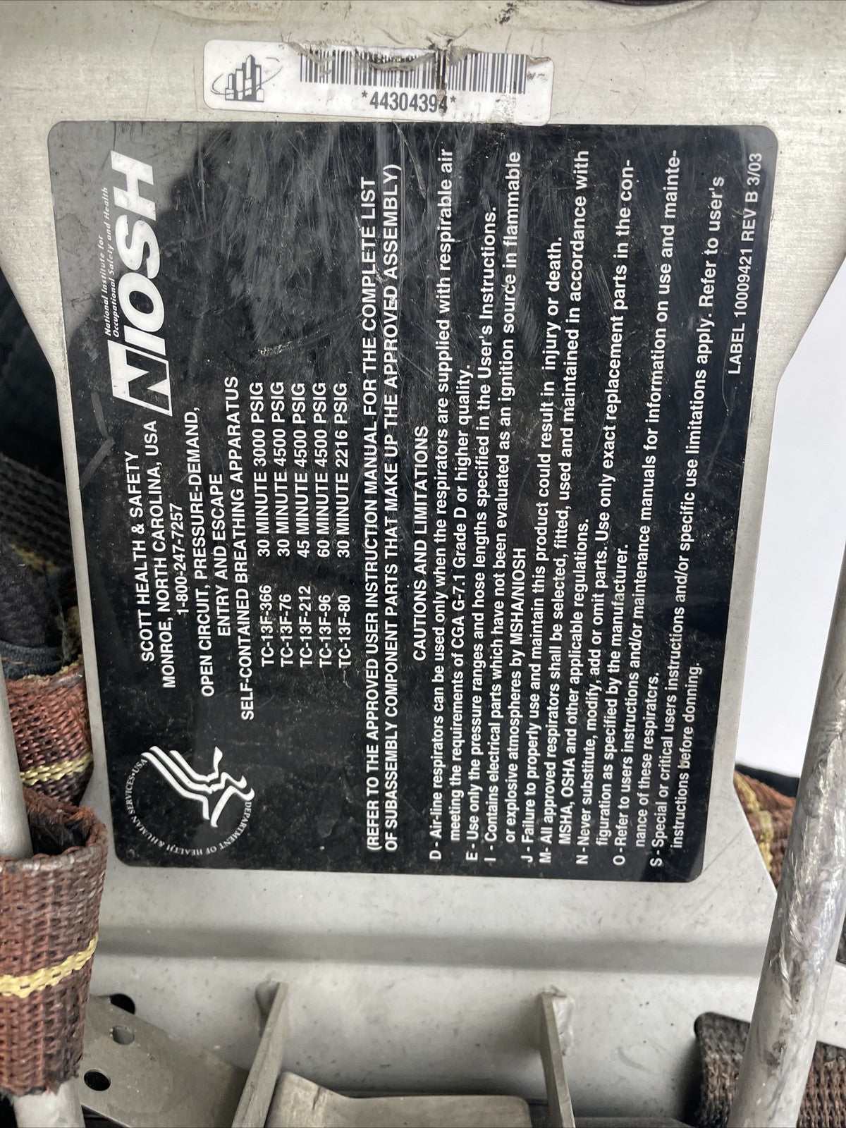SCOTT SAFETY 4.5 4500 SCBA Air Pack Harness EZ-Flow Air Pak Plus with Sensor   d