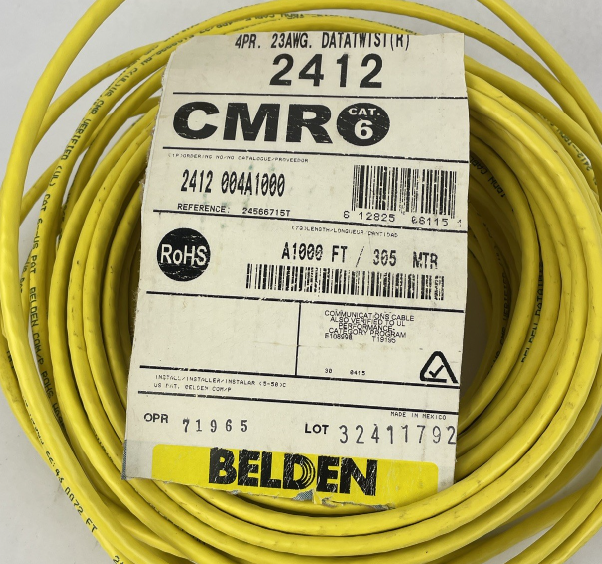Belden 2412 010A1000 CAT6+ Network Cable 4-Pair U/UTP CMR, 23AWG, 100 ft, YELLOW