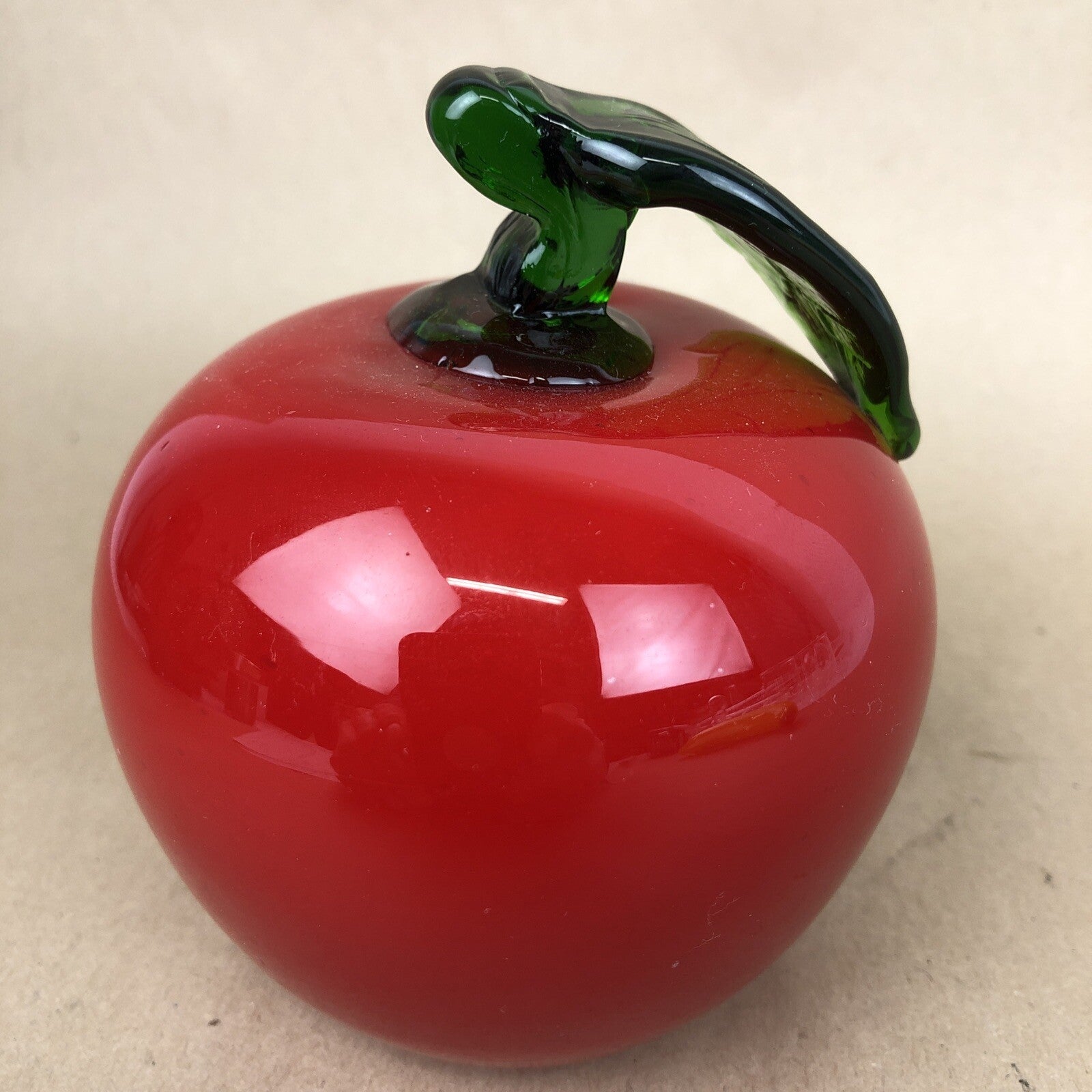 Murano style hand blown red glass apple with green stem 4.5 inches.