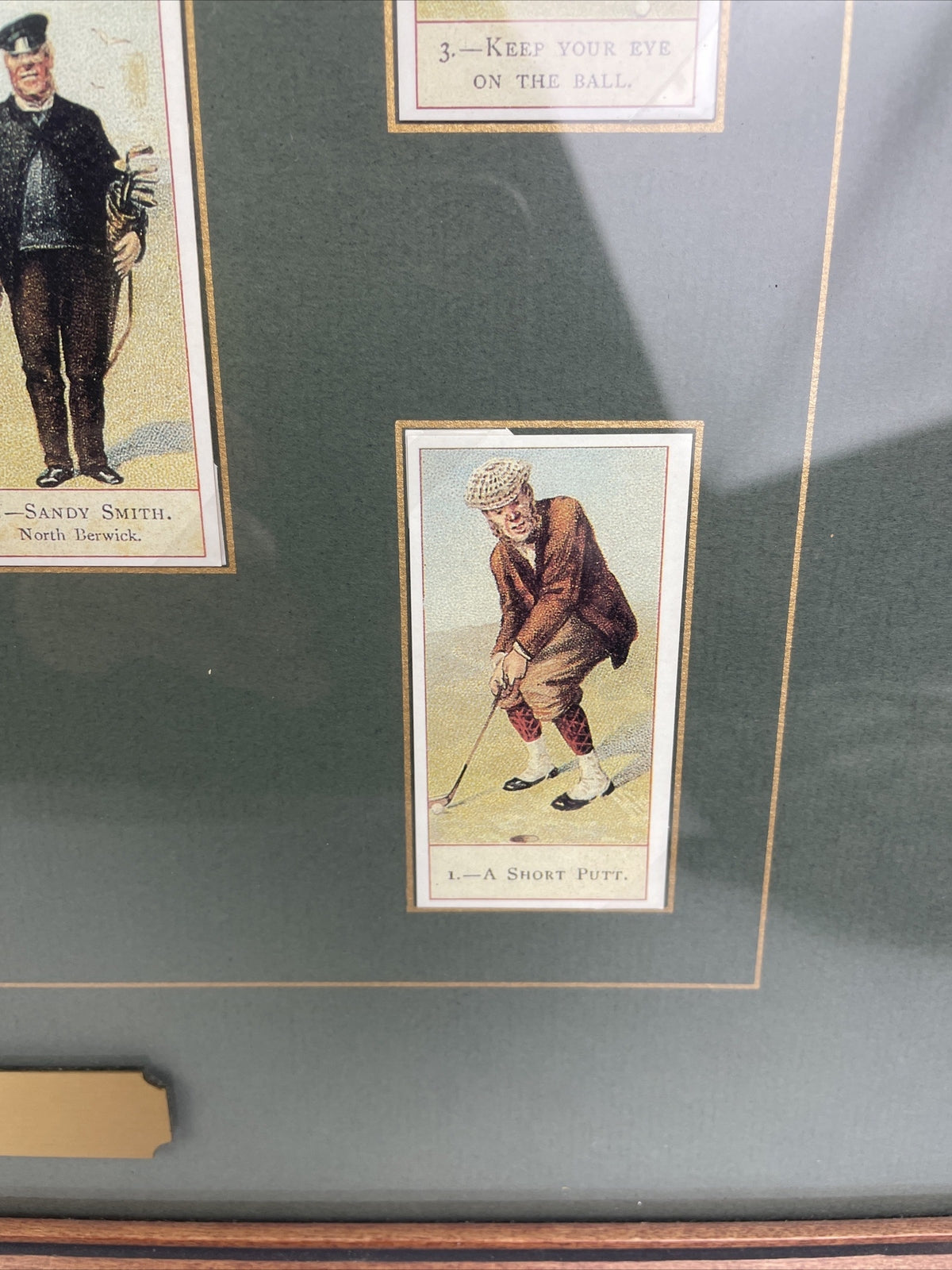 Framed and matted collection of 18 vintage style cigar tobacco golf trading cards with historical information display artwork collectible memorabilia