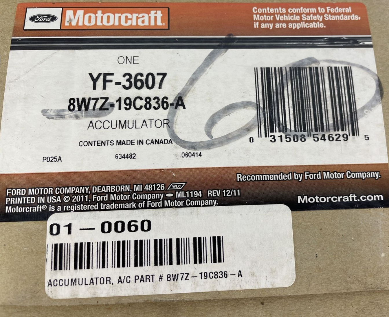 YF-3607 Motorcraft FORD AC Accumulator New for Lincoln Town Car Grand Marquis