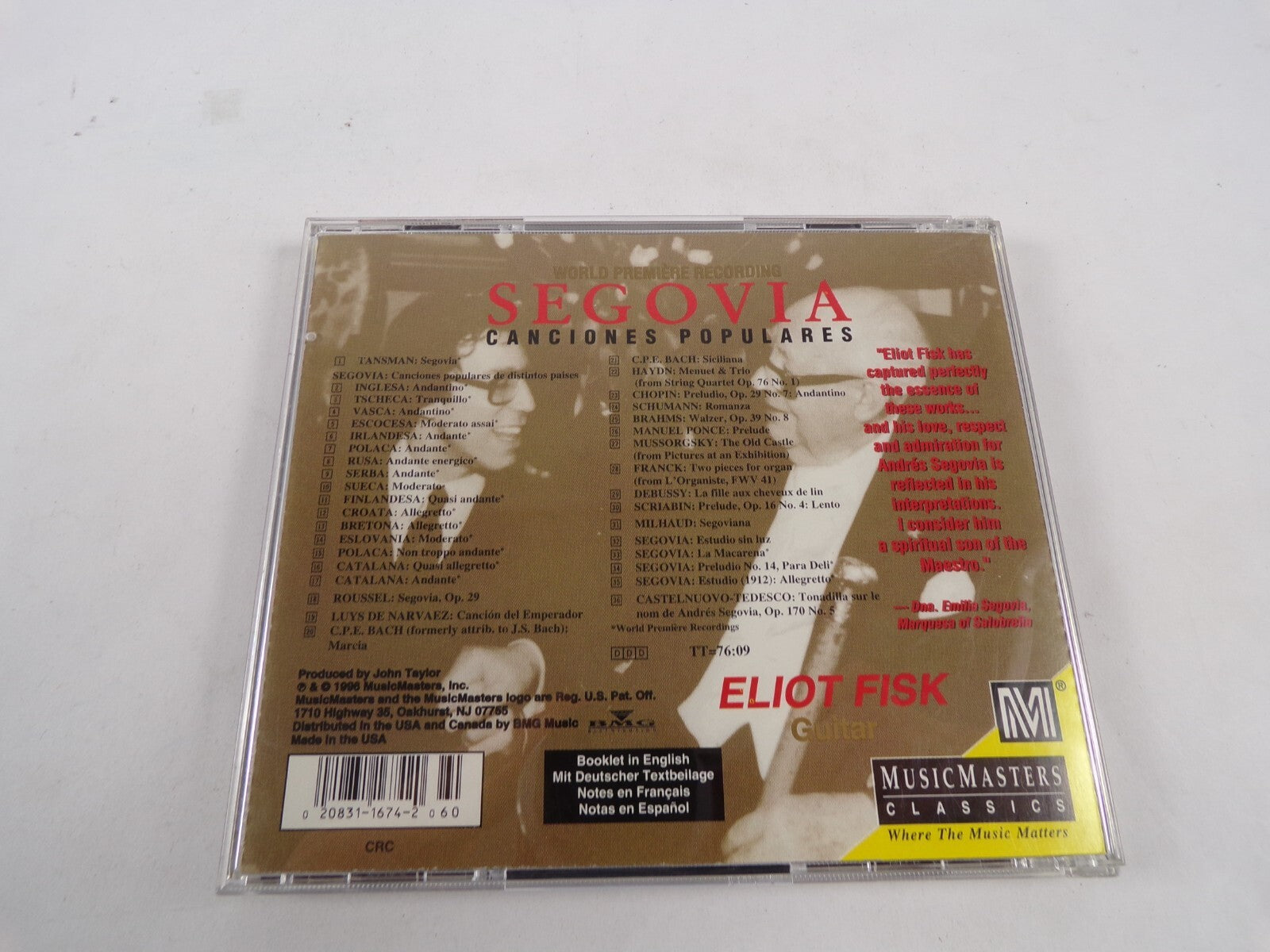 World Premiere Recording Segovia Canciones Populares Eliot Fisk Guitar CD #40