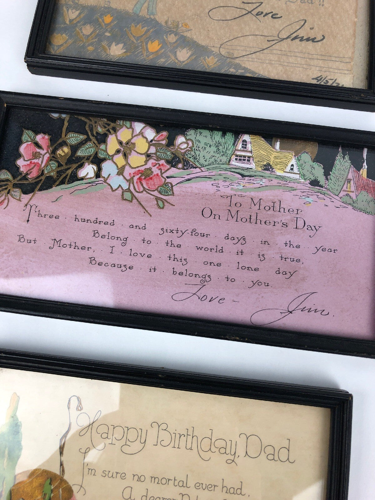 3 Vintage 1930’s American Folk Art Greeting Card Picture Framed RARE Anniversary