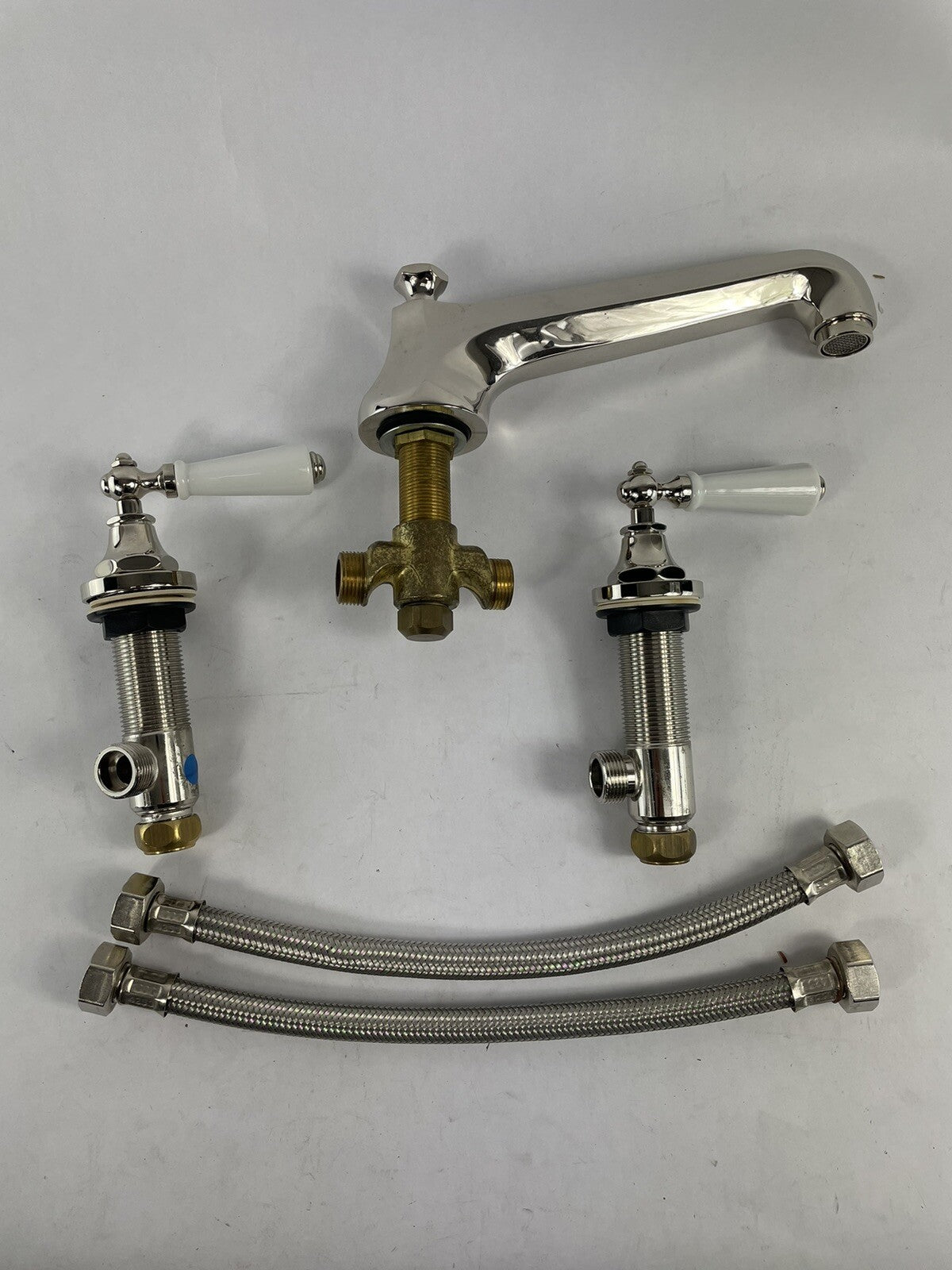 Kallista Tuxedo Lav Basin Faucet Roman Tub Set WHITE Handles Nickel POLISHED