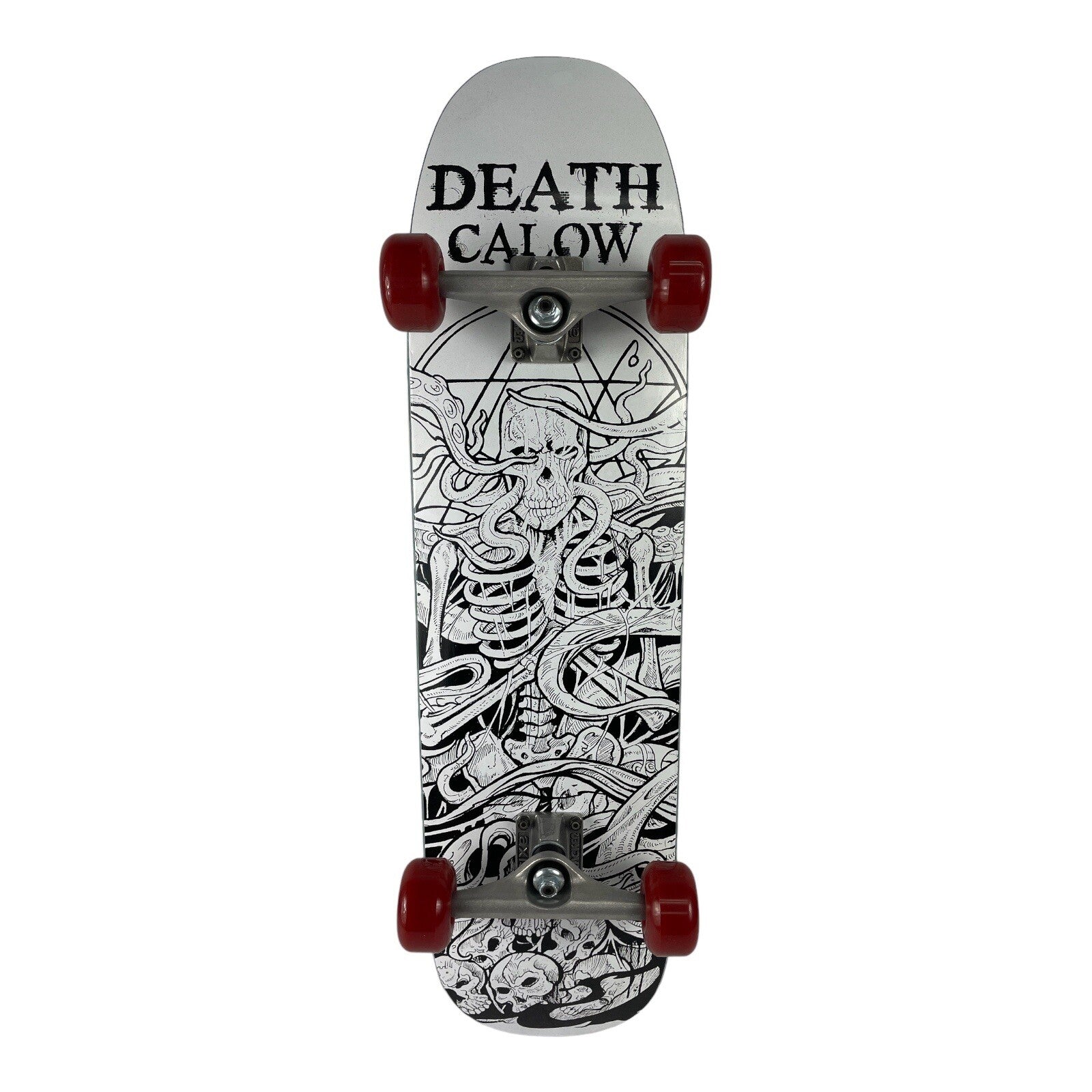 Death Skateboards Calow Gate Skulls complete skateboard 8.9 x 32.5-inch pool shape with ready-to-ride setup.