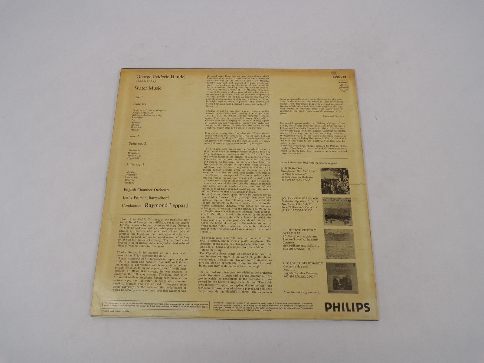 Handel Water Music Raymond Leppard Menuet Allegro Air Passapied Vinyl Record