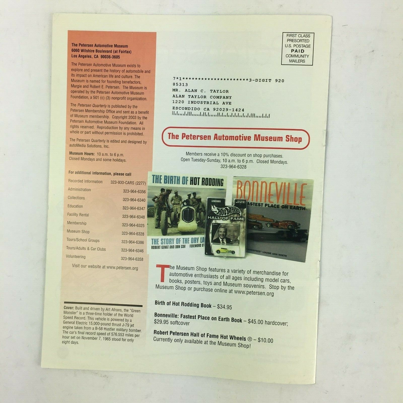 Winter 2003 Volume 8 Petersen Automotive Museum Speed The World's Fastest Cars