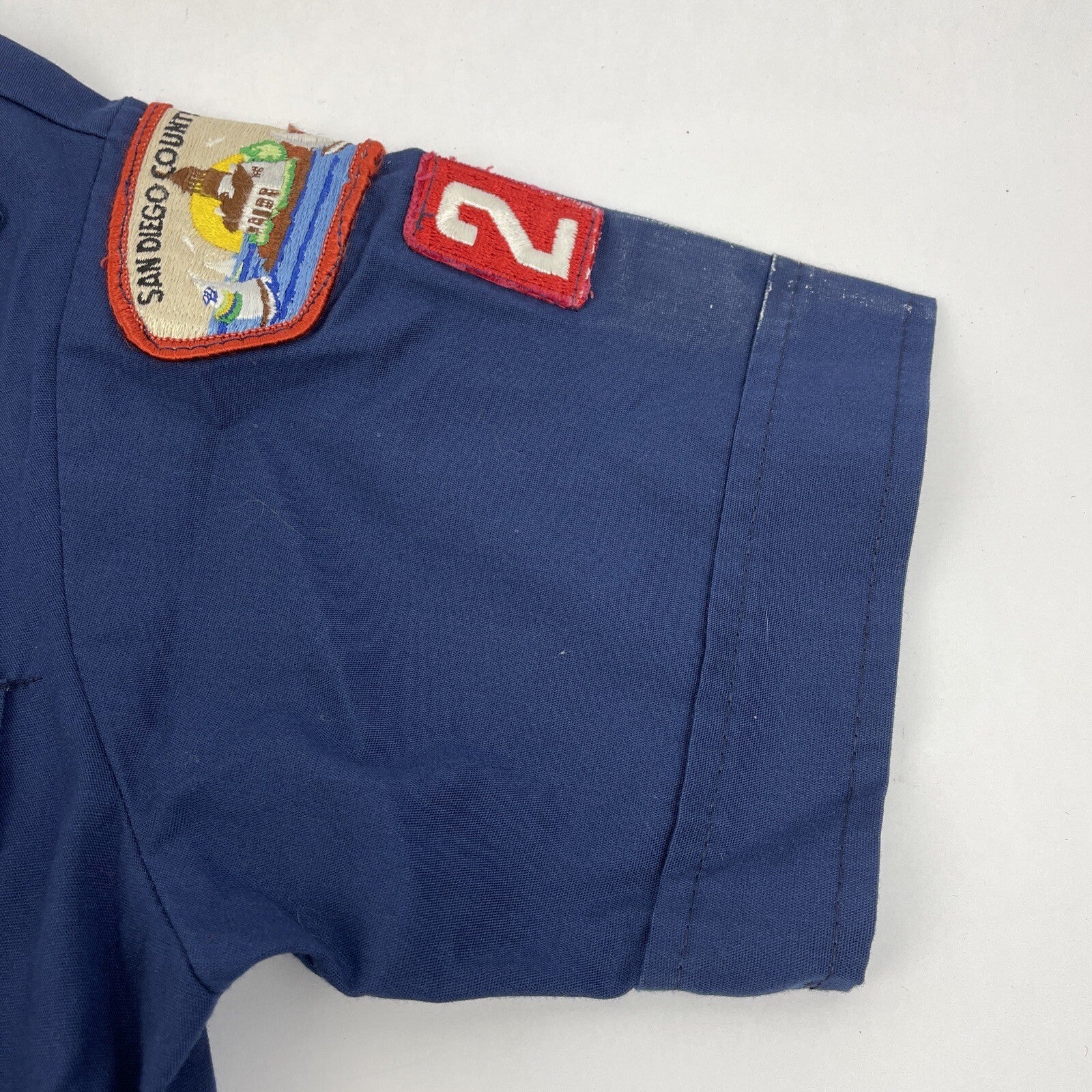 SD Boy Scouts of America BSA Youth Shirt Blue Size 12 w 11 x Sewn on patches